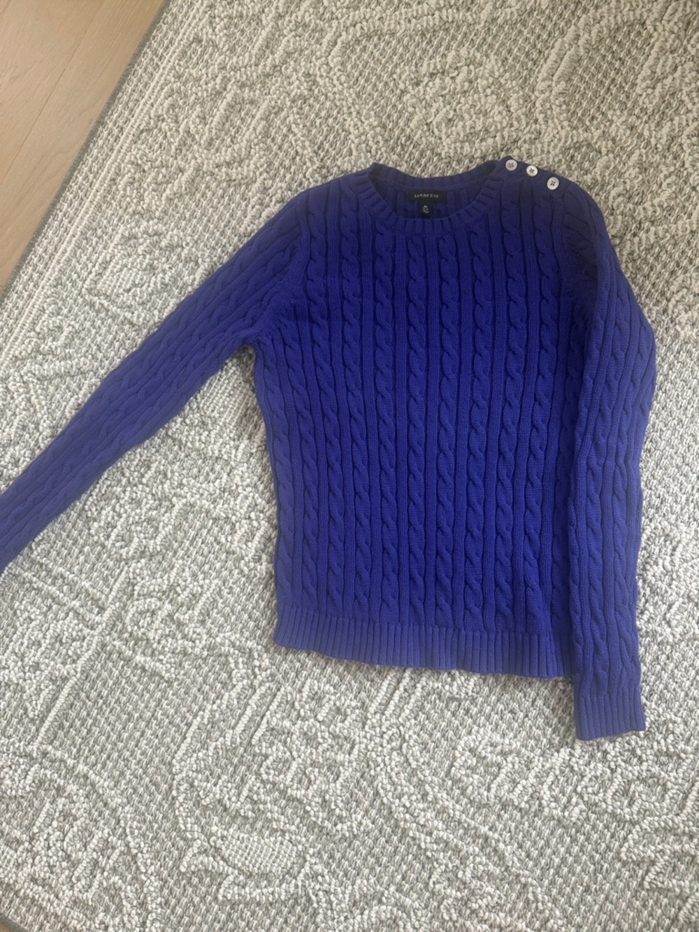 Lands' End Cobalt Blue Cable-Knit Crew Sweater with Shoulder Buttons 100%cotton
